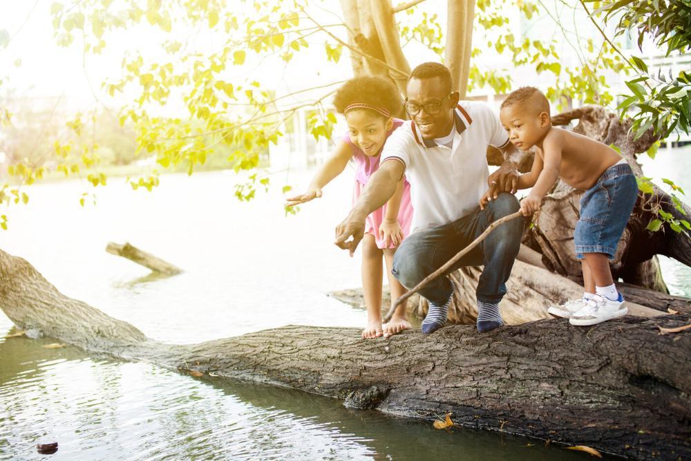 two young children standing on log looking at stream with their dad